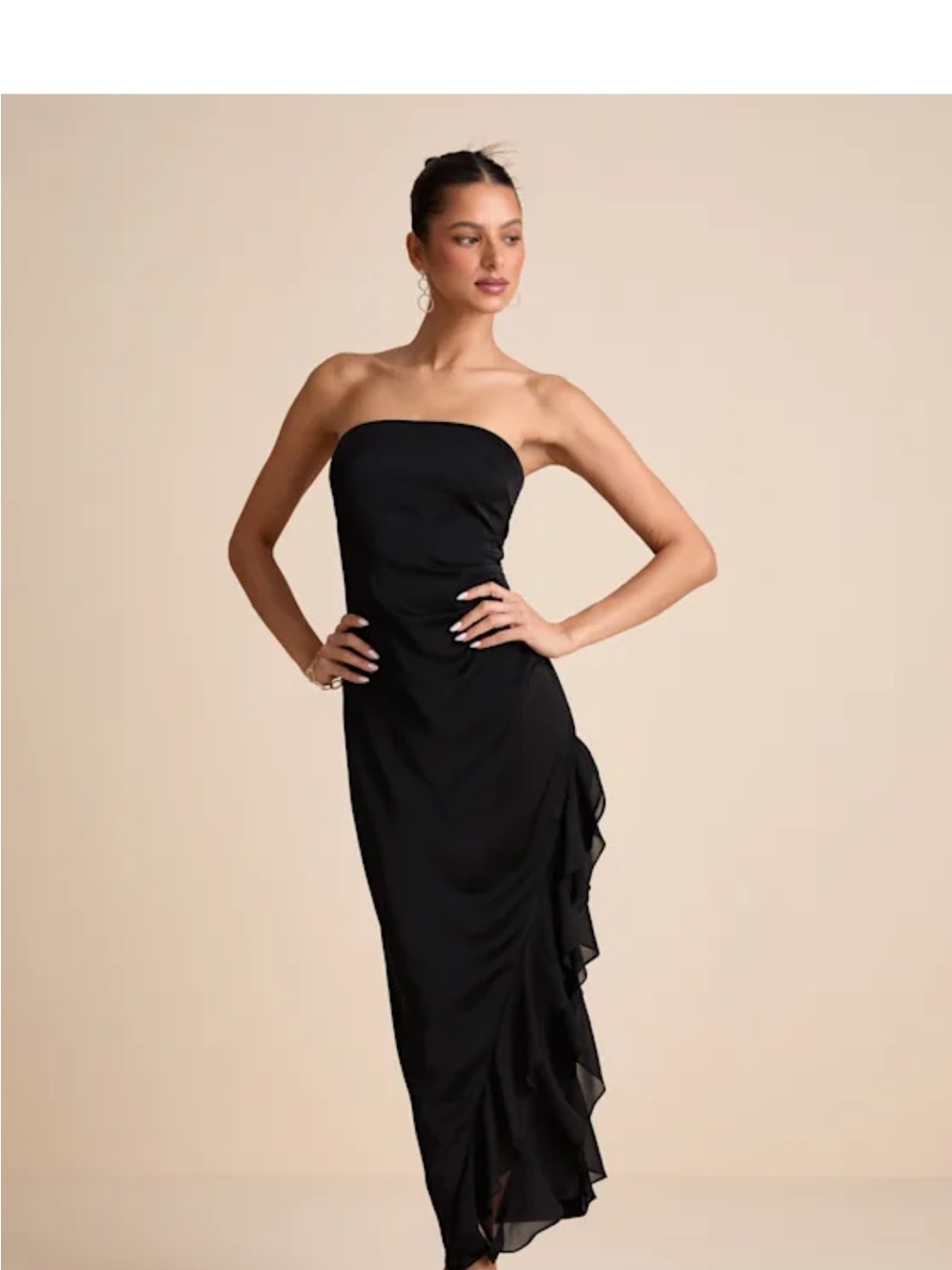 Lulu's Strapless Black Ruffle-Trim Evening Gown